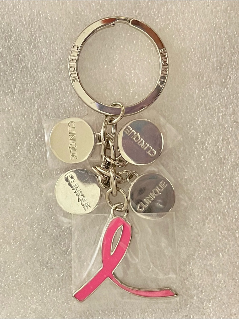 Clinique Key Chain Ring Breast Cancer Awareness Charms Pink Ribbon Silver Tone